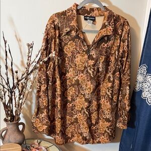 Sag Harbor Brown and Tan Floral Women's zip front jacket /Shirt.